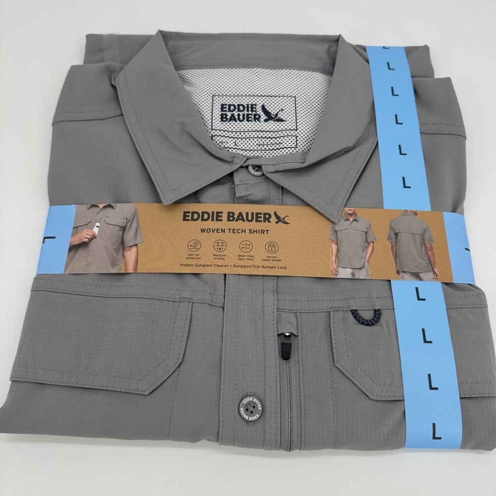 Eddie Bauer Mens Woven Tech Shirt Grey Short Sleeve UPF 50 Fishing Hiking LARGE